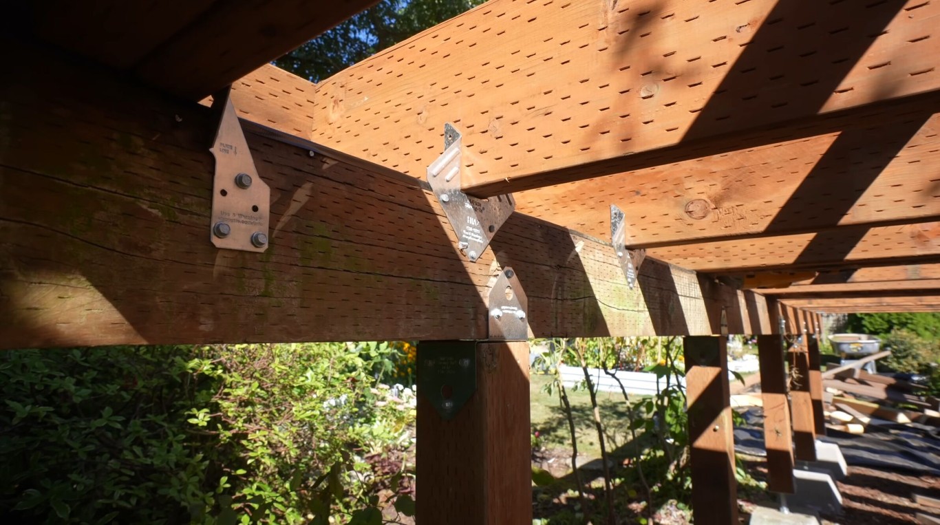 Close-up of quality deck construction hardware and techniques used in Hacienda Heights, CA